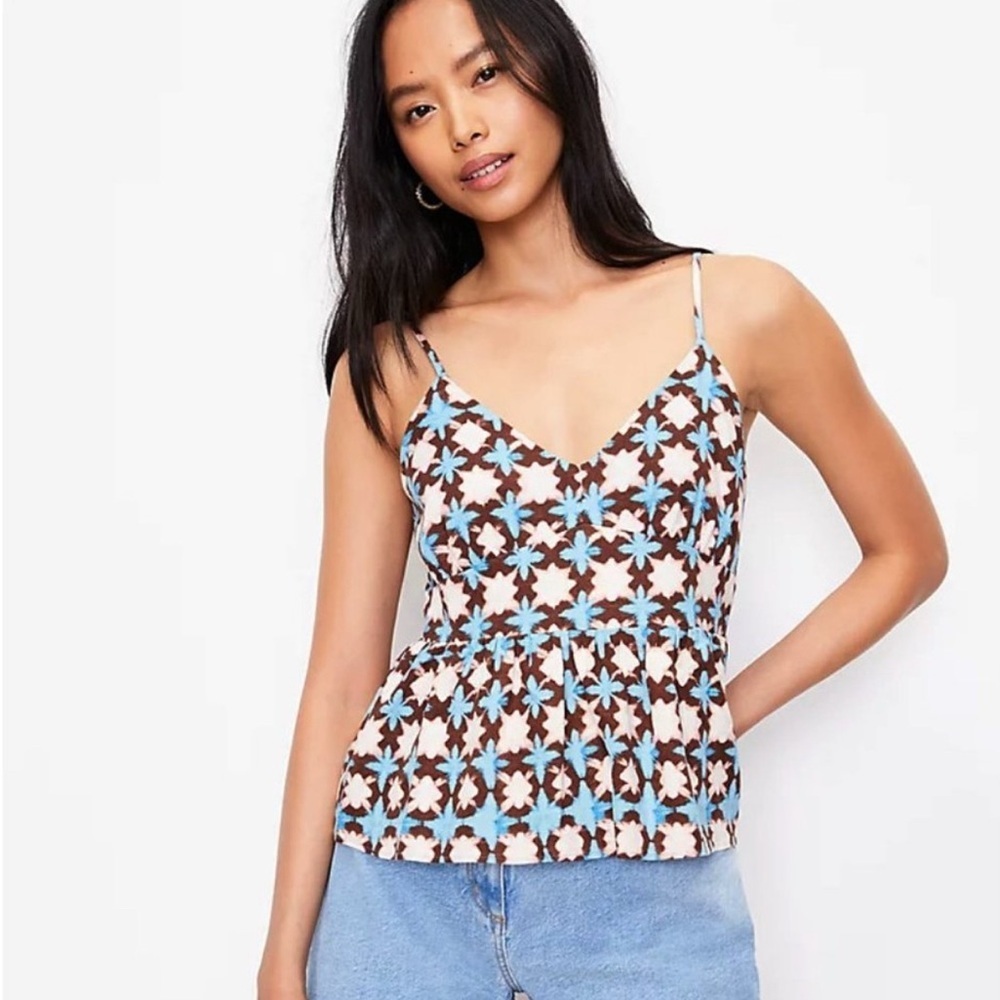 NWT Loft XL Sunwashed Blue Brown Floral Peplum linen Cami Tank Top Bloques T1999